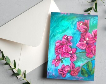 Bougainvillea Art Note Card, blank card, folded stationery, made in Hawaii