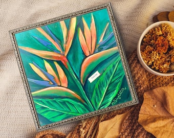 Bird of Paradise Art Print, Hawaii artist, giclee, wood panel, 8" x 8"