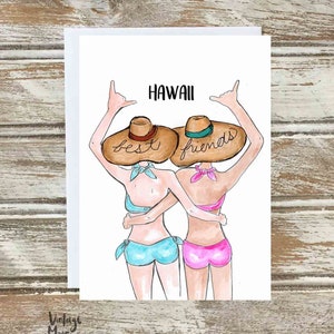 Beach Babes Best Friends Biglietto di auguri, biglietto d'arte stravagante, biglietto di auguri Hawaii, biglietto vuoto, cancelleria piegata, realizzato alle Hawaii