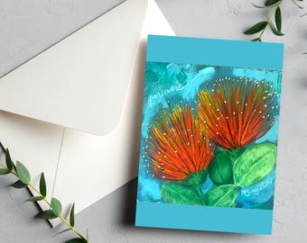 Ohia Lehua Art Note Card, blank card, folded stationery, made in Hawaii