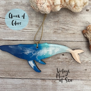 Humpback whale ornament, ocean wave, Hawaii gift, beach art, Hawaii art, beach ornament, resin and wood Hawaii ornament, hang loose
