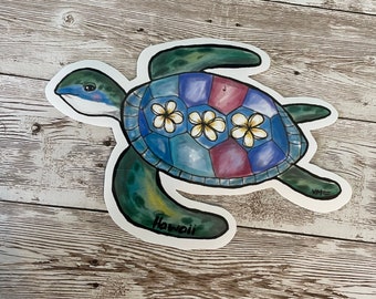 Pegatina de vinilo impermeable de tortuga Honu con plumerias, para botella de agua, pegatina de Hawái, calcomanía