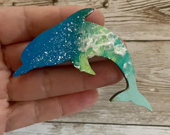 Hand-Painted Dolphin Wood Magnet, Hawaii Art