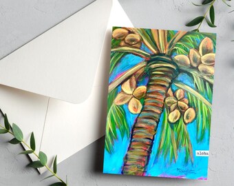 Coconut Palm Tree Art Note Card, blank card, folded stationery, made in Hawaii