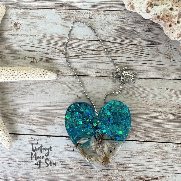 Teal heart resin car charm, Hawaii gift, gift for friend, Mother's Day, rearview mirror charm, Hawaii memento, beach ornament