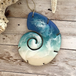 Seashell ocean wave ornament, Hawaii gift, beach art, Hawaii art, beach ornament, resin and wood Hawaii ornament