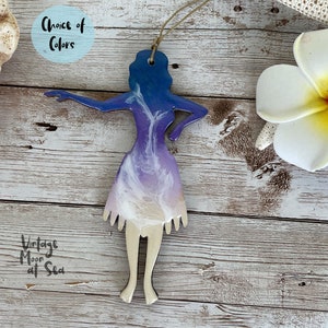 Ocean wave hula girl ornament, Hawaii gift, beach art, Hawaii art, gift for mom, Mother's Day, resin and wood Hawaii ornament