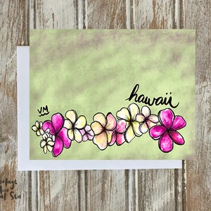 Carte de correspondance Plumeria Lei Border, carte d'art fantaisiste, carte de voeux d'Hawaï, carte vierge, papeterie pliée, fabriquée à Hawaï