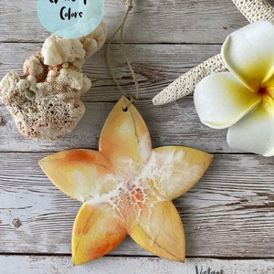 Plumeria ornament, ocean wave,  Hawaii gift, beach art, Hawaii art, gift for mom, Mother&#39;s Day, resin and wood Hawaii ornament