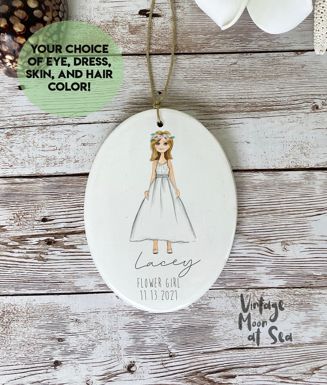 Custom Flower Girl Wood and Resin Ornament Wedding Party Gift Bespoke
