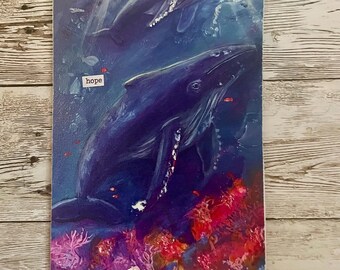 Whale family wooden postcard, Hawaii gift, tropical art