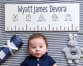 Custom Wooden Birth Ruler - Modern Style with Birth Stat Icons - Newborn Baby Gift