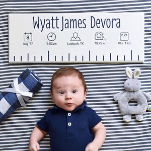 Custom Wooden Birth Ruler Modern Style with Birth Stat Icons Newborn Baby Gift image 1