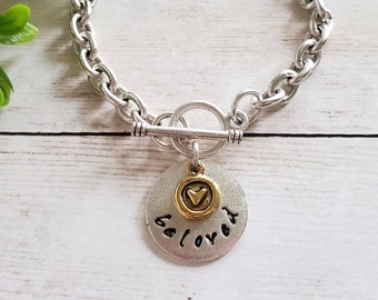 Beloved Hand Stamped Christian Bracelet for Women with Heart Charm, Silver and Gold Mixed Metal Minimalist Jewelry, Religious Gift for Her