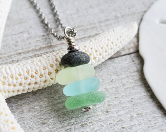 Sea Glass Cairn Necklace, Genuine Seaglass Jewelry, Eco Friendly Gift for Beach Lover, Handmade Ocean Jewelry, Aqua Blue, Yellow, Green