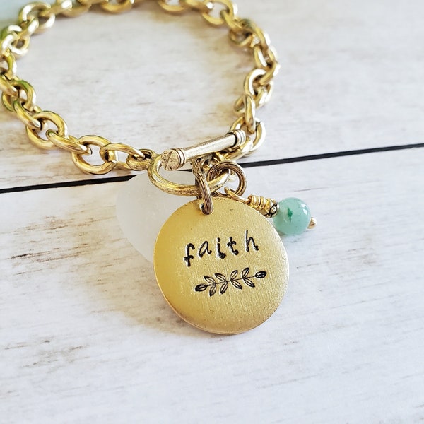 Faith Gold Bracelet with Custom Gemstone Charm, Hand Stamped Christian Jewelry for Women, Bible Verse Scripture, Religious Gift for Her