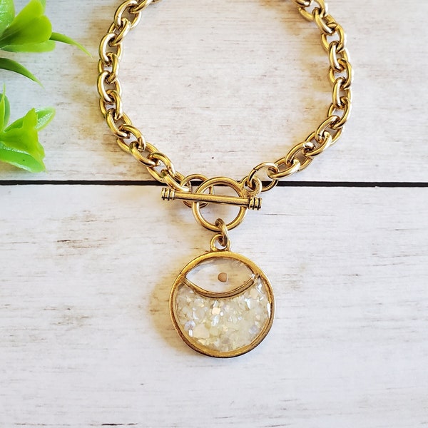 Gold Mustard Seed Bracelet with Mother of Pearl Crushed Stone Inlay, Christian Gifts for Women, Matthew 17:20, Faith Can Move Mountains