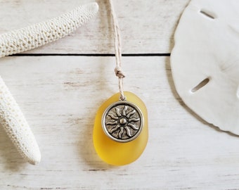 Yellow Sun Sea Glass Ornament, Eco Friendly Home Decor, Summer Ornaments, Beach Gifts Under 10, Sunshine Decoration, Gift for Her
