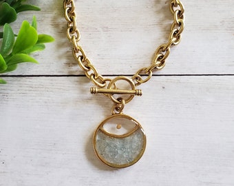 Gold Mustard Seed Bracelet with Aquamarine Crushed Gemstone Inlay, Christian Gifts for Women, Matthew 17:20, Faith Can Move Mountains