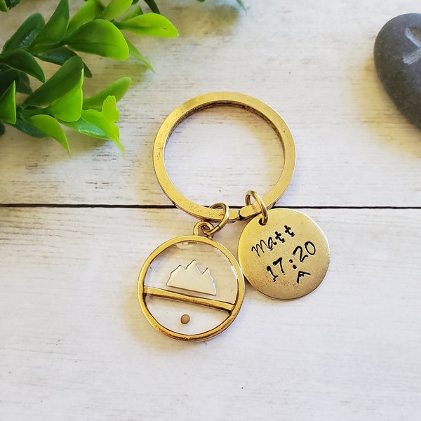 Gold Mustard Seed Keychain with Hand Stamped Matthew 17:20 Bible Verse Pendant, Faith Can Move Mountains, Christian Gift