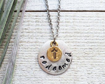 Redeemed Necklace - Hand Stamped Christian Necklace - Christian Jewelry for Women - Bible Verse Necklace - Mixed Metal Gold Cross Necklace