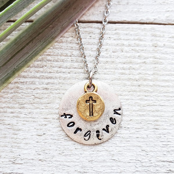 Forgiven Necklace - Christian Jewelry - Hand Stamped Cross Necklace - Bible Verse Necklace - Mixed Metal Scripture Necklace - Christian Gift