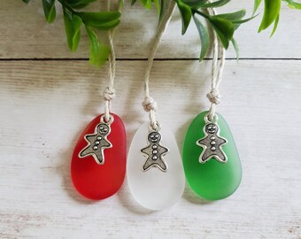 Gingerbread Ornament with Sea Glass Pendant in Red, Green, or White; Handmade Christmas Gift, Festive Holiday Home Decor