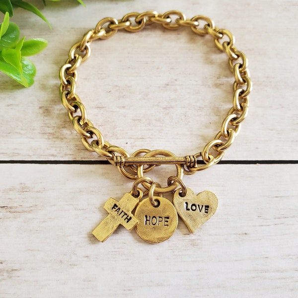 Gold Christian Bracelet, Faith Hope and Love, 1 Corinthians 13:13, Handmade Jewelry for Women, Bible Verse Gifts, Greatest of These is Love