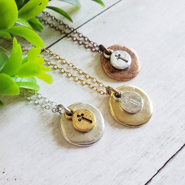 Mixed Metal Coin Disc Necklace with Cross Charm in Gold, Silver or Copper, Handmade Christian Jewelry for Women, Religious Gift for Her