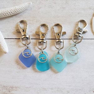Sea Glass Keychain Charm or Purse Charm with Silver Ocean Wave, Eco Friendly Beach Lover Gift, Key Chain Clip, Handmade Gift for Her