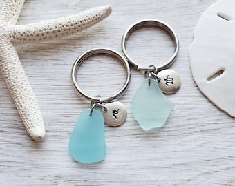 Sea Glass Keychain with Custom Hand Stamped Ocean Charm (wave, starfish, sea turtle, sun) - Unique Coastal Gift for Ocean and Beach Lovers