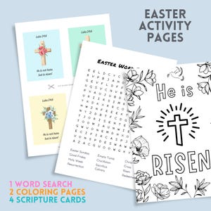 Afdrukbaar paasactiviteitenboek, christelijke kleurplaten met bijbelteksten met bloemen, woordzoeker zondagsschool, schriftkaarten He is Risen