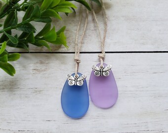 Butterfly Ornament with Blue or Purple Sea Glass Pendant, Whimsical Spring and Summer Decor, Eco Friendly Handmade Gifts Under 10