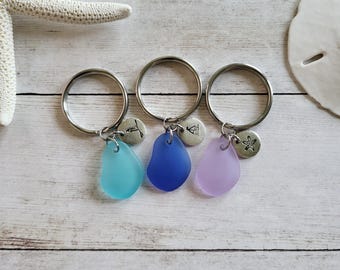Beach Custom Keychain with Sea Glass Style Pendant - New Driver Gift for Him or Her, Nautical Coastal Beach House Key Chain