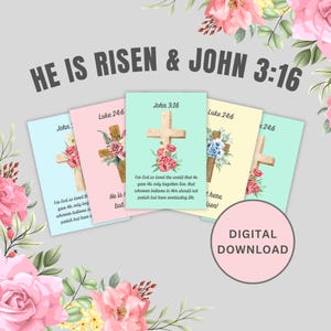 Druckbare Osterschriftkarten, Er ist auferstanden Sonntagsschule Bibelverskarten, Johannes 3:16 Christliche Geschenkanhänger oder Tischkarten, digitales PDF