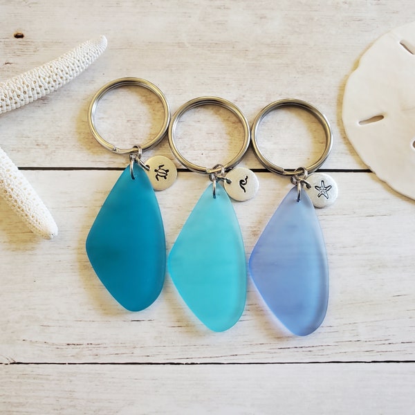 Custom Sea Glass Keychain, Teal, Aqua, Blue; Hand Stamped Ocean Wave, Sea Turtle, Starfish; Eco Friendly Gift; Coastal Beach Key Chain