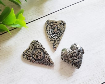Green Girl Studios Pewter Heart Pendant or Charm with Skull or Flower, Jewelry Supplies Wholesale, Steampunk Heart Bead, Link or Connector