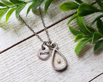 Silver Mustard Seed Faith Necklace with Dainty Teardop Pendant - Unique Christian Jewelry for Women, Handmade Religious Gift for Her