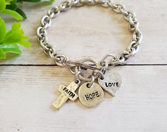 Silver Faith Hope Love Bracelet, 1 Corinthians 13:13 Bible Verse, Christian Jewelry for Women, Greatest of These is Love, Christian Gifts