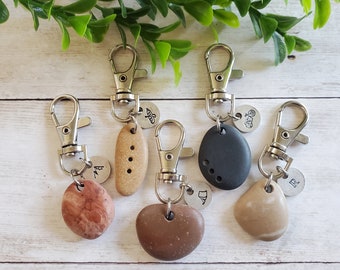 Beach Stone Keychain Charm, Custom Gift for Outdoor Lovers, Mountains, Camping, Motorcycle, Canoe, Initial Keychain, Zipper Pull, Purse Clip