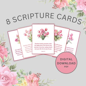 Cartões de Escrituras de Flores de Tulipa para Imprimir, Cartões de Mesa de Almoço para Senhoras Cristãs, Cartões de Versículos Bíblicos Florais de Primavera, Etiqueta de Presente de Páscoa para o Dia das Mães