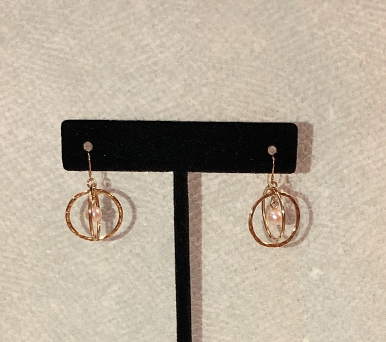 14K Gold Double Rings with Pearl Earrings wire for pierced ears