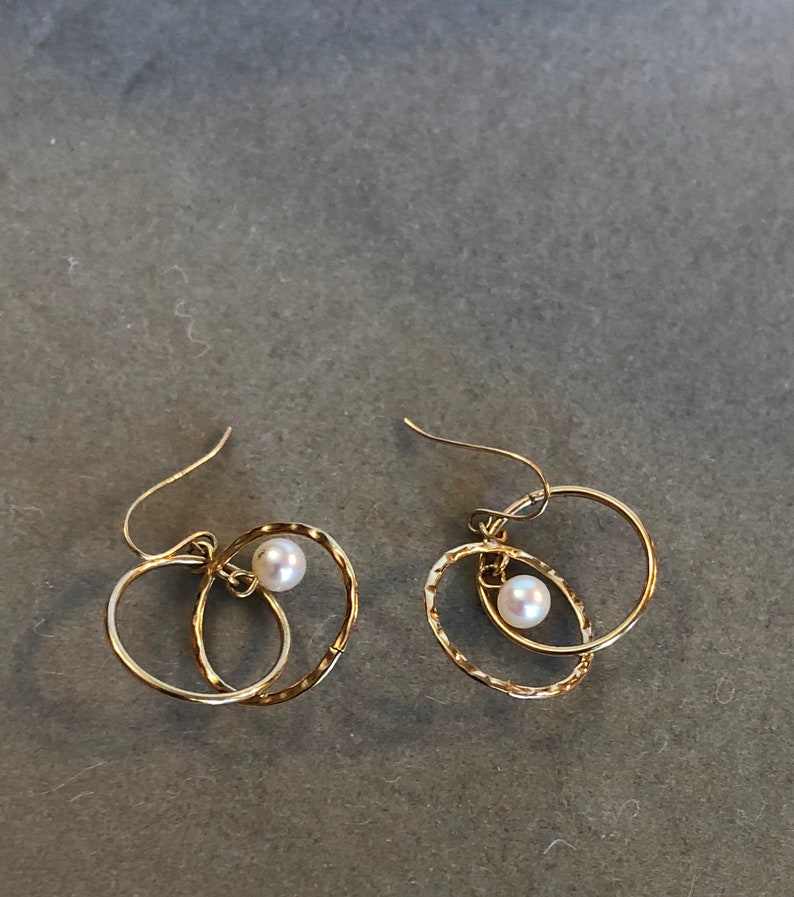 14K Gold Double Rings with Pearl Earrings wire for pierced ears