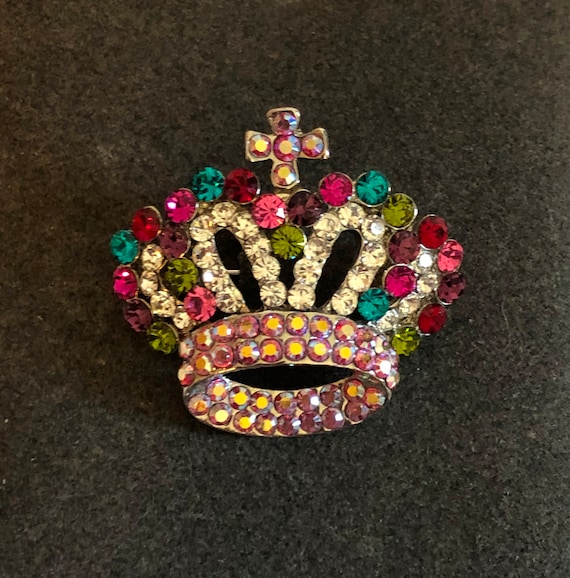 Crown Brooch multi color rhinestones - image 1