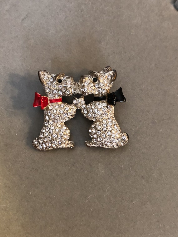 Twin Rhinestone Scotties Pin Black Ribbon and Red 