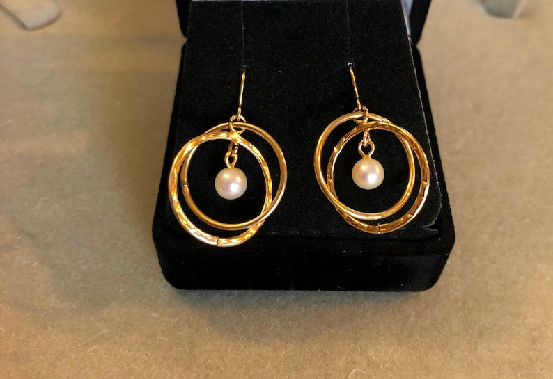 14K Gold Double Rings with Pearl Earrings wire for pierced ears