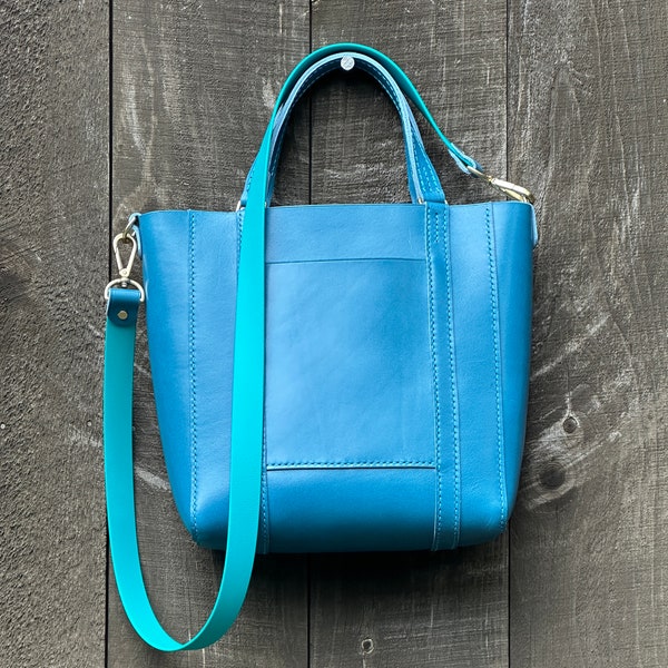 Ocean Blue/Mediterranean Large Tote w/Front Exterior Pocket,  Double Handles, Heavy Solid Shiny Brass w/Biothane & Leather Crossbody Strap