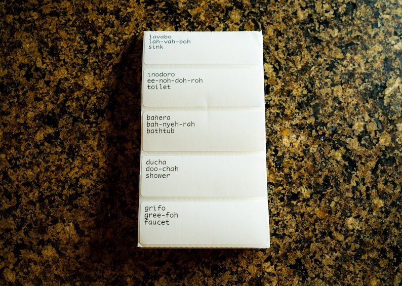 May include: A set of five white labels with black text, each with a Spanish word and its English translation. The words are "lavabo" (sink), "inodoro" (toilet), "ba&ntilde;era" (bathtub), "ducha" (shower), and "grifo" (faucet).