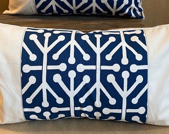 Navy Blue Lumbar Pillow Cover: Geometric Print Cotton, Cream Back