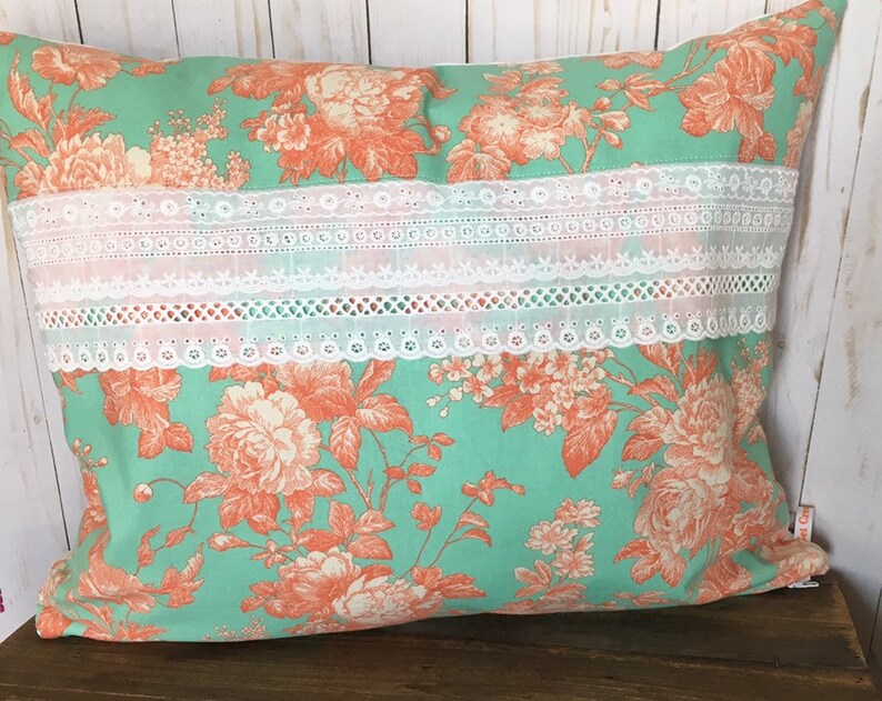 Light Blue Flower Pillow cover 16 x 20 inch pillow cover Blue Floral Pillow Cover Aqua Peach Flower Pillow Cover Lumbar Pillow Accent Pillow